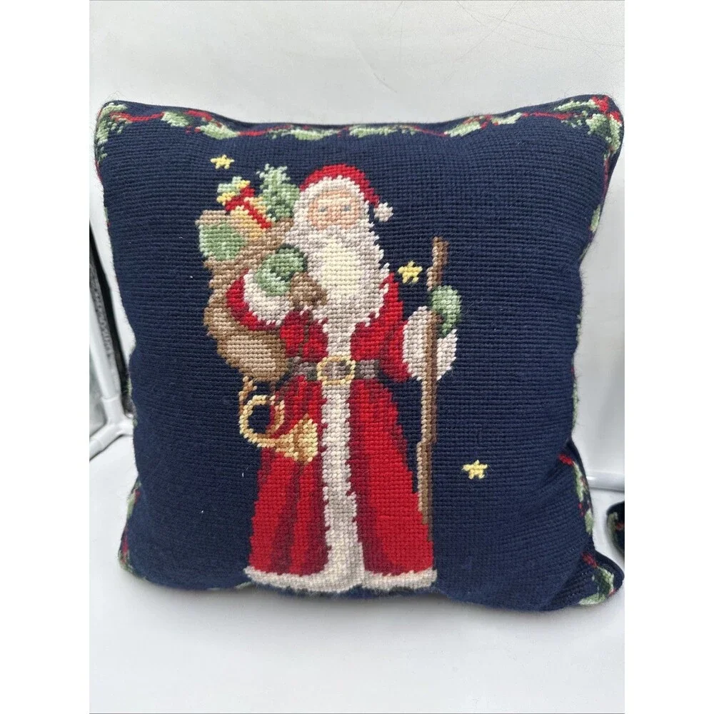 Lot If 2 Needlepoint Father Christmas~Santa Claus Throw Pillow Vintage